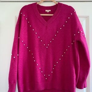 Pink V-Neck Sweater with Pearl Accents​